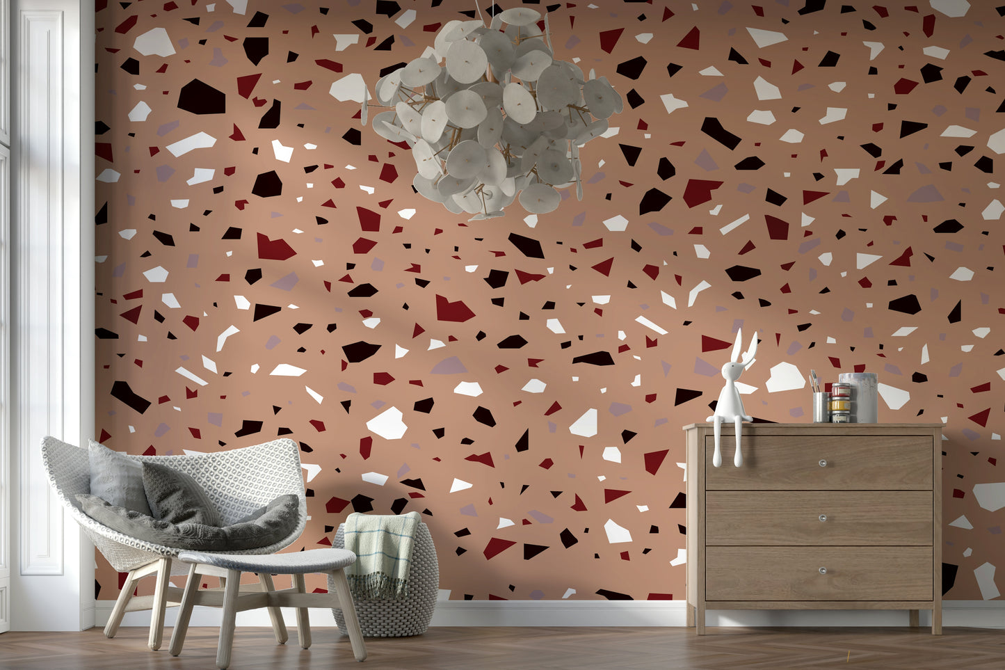 A contemplative geometric design wallpaper mural for a feature wall.