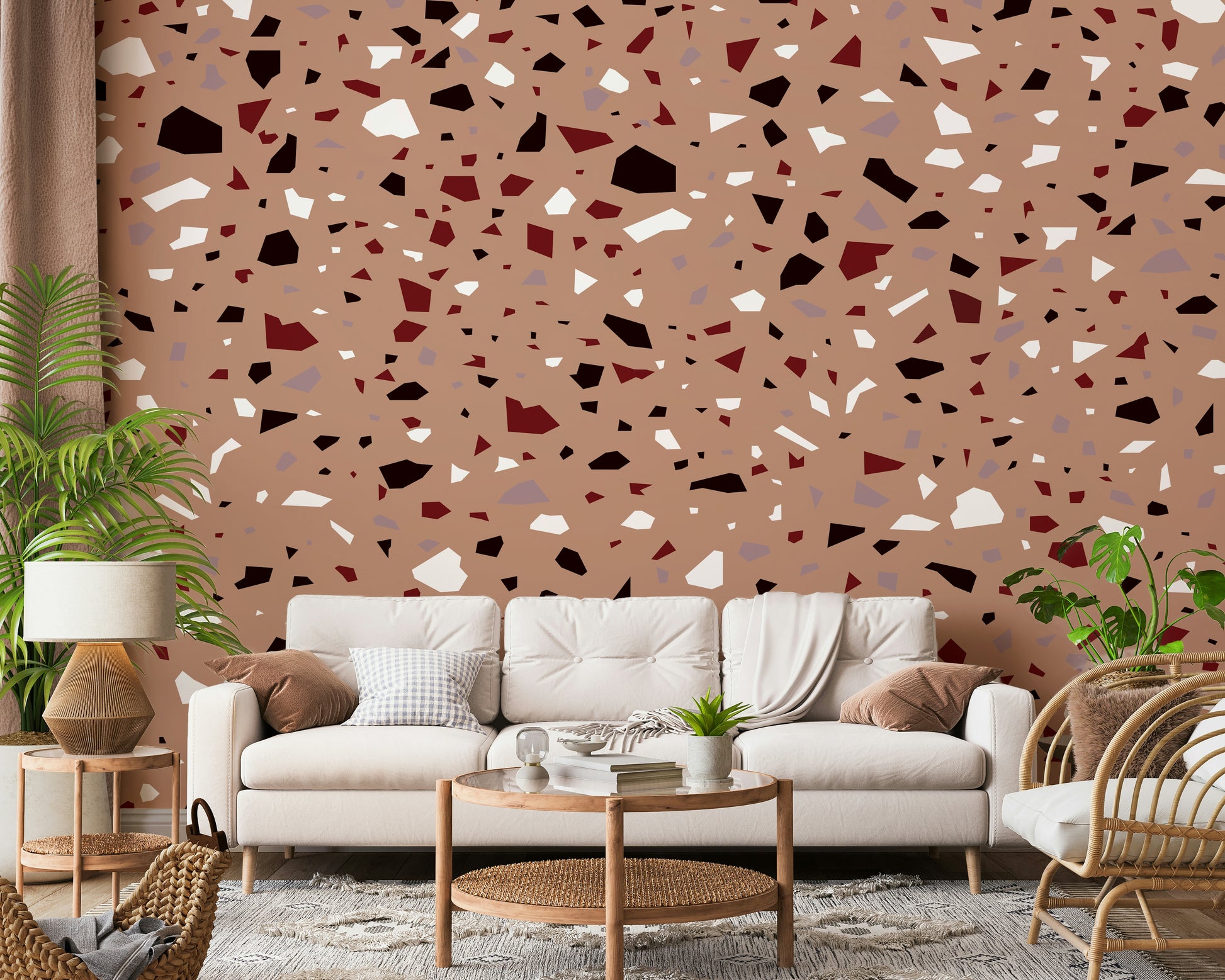 An artistic shattered stone mural on minimalist wallpaper.