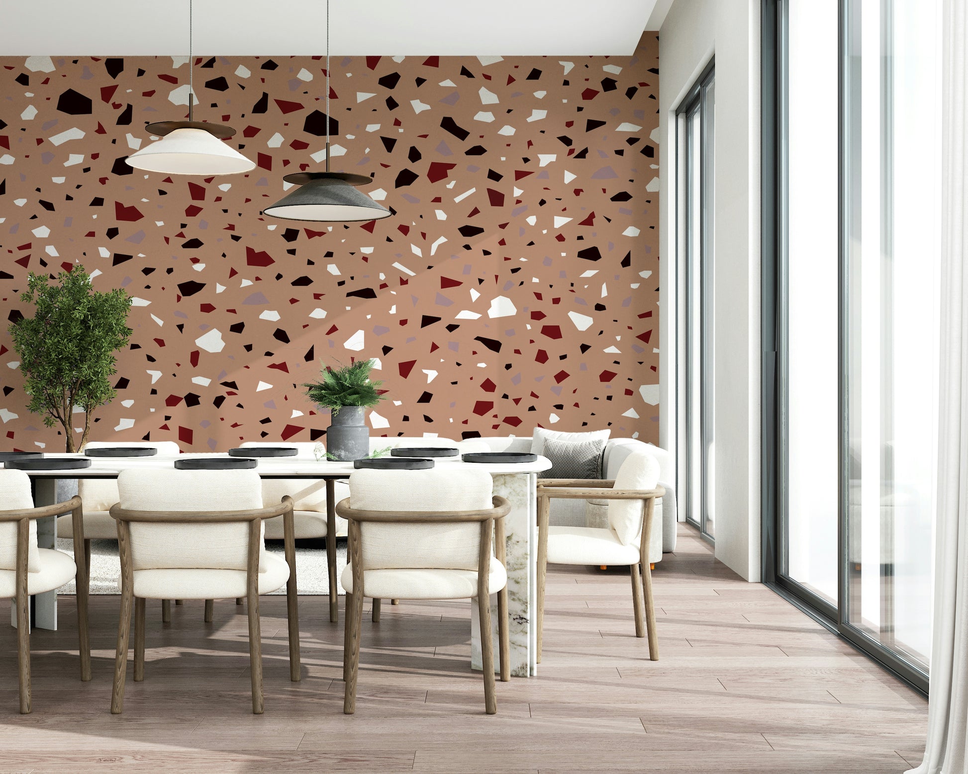 A calming abstract design wallpaper mural that defines a space.