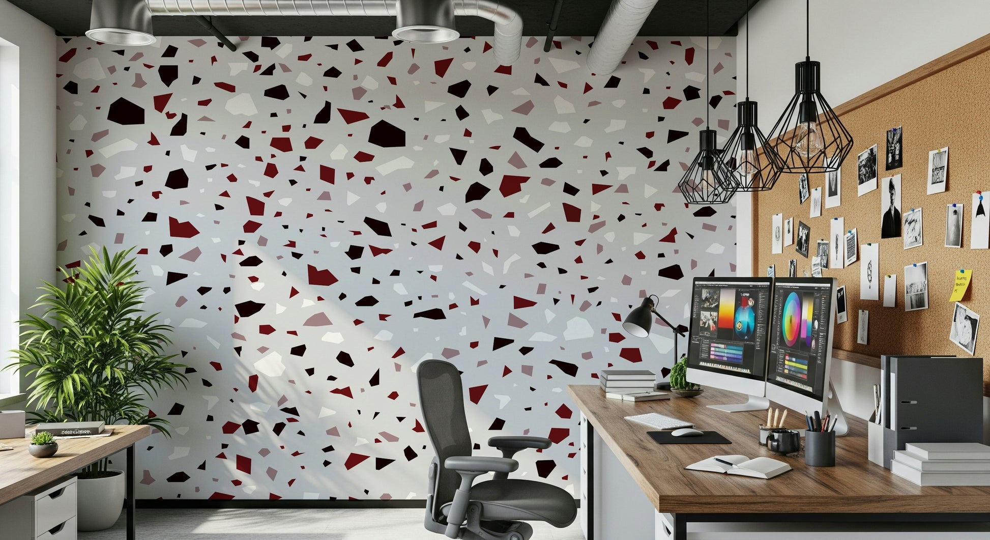 A graceful subtle pattern wall mural in rich, burgundy and red tones.