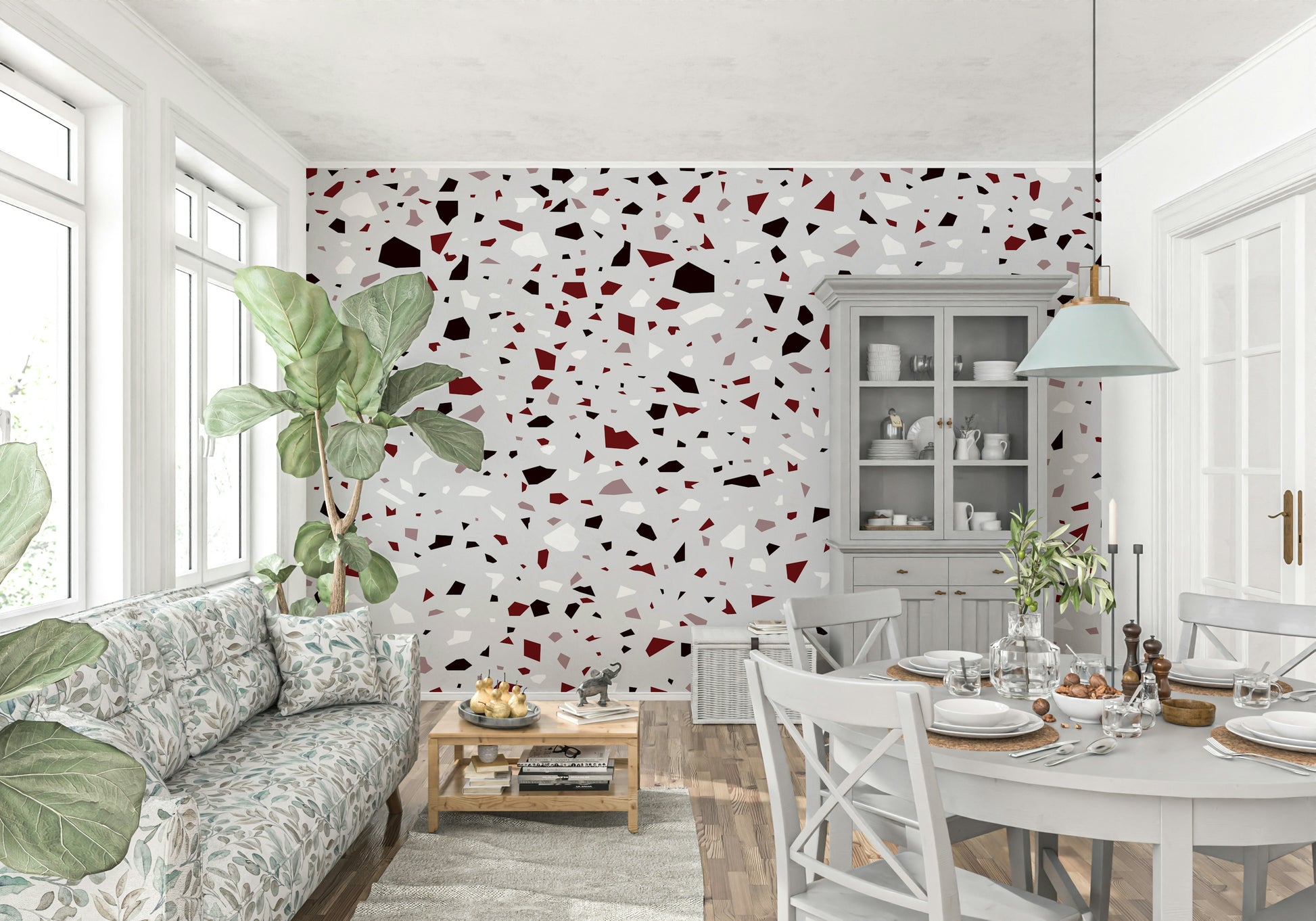 A contemplative geometric design wallpaper mural for a feature wall.