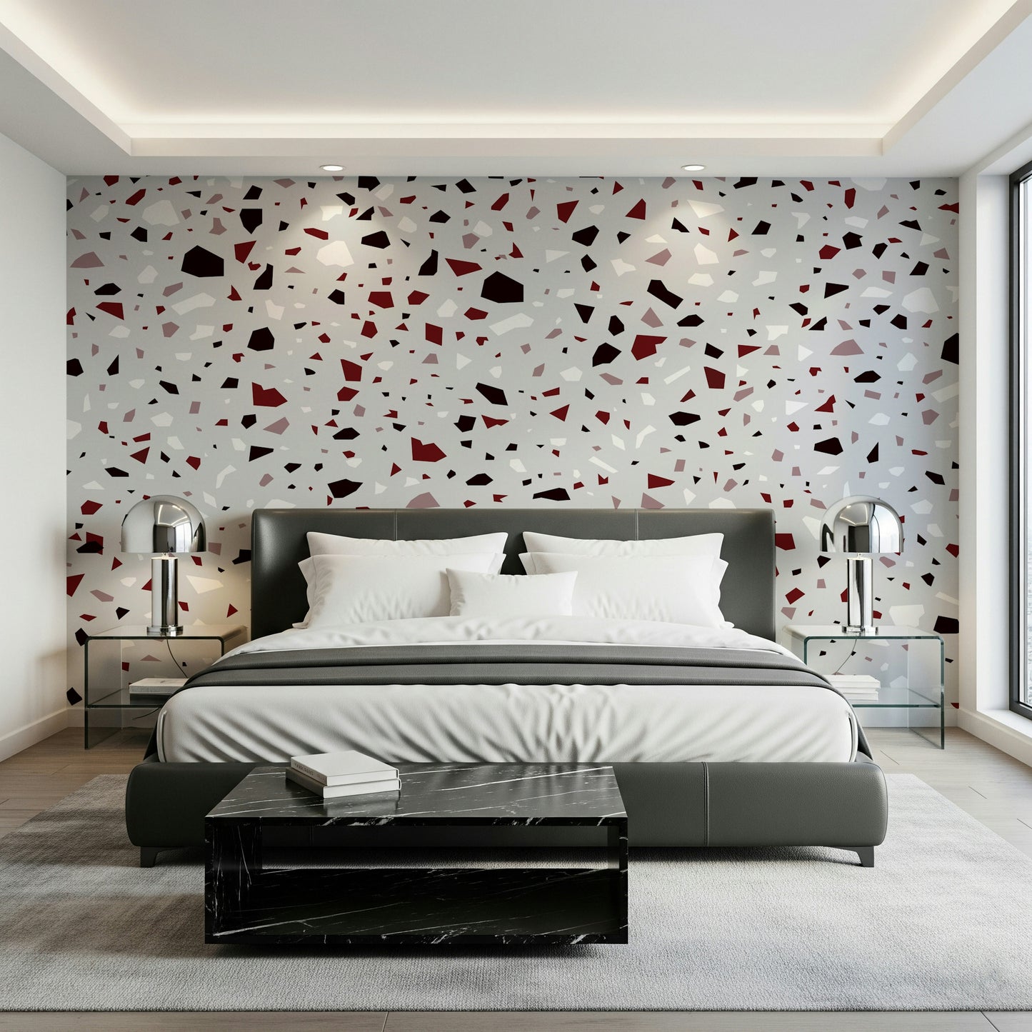 A beautiful abstract mosaic wallpaper mural with a burgundy burst pattern.