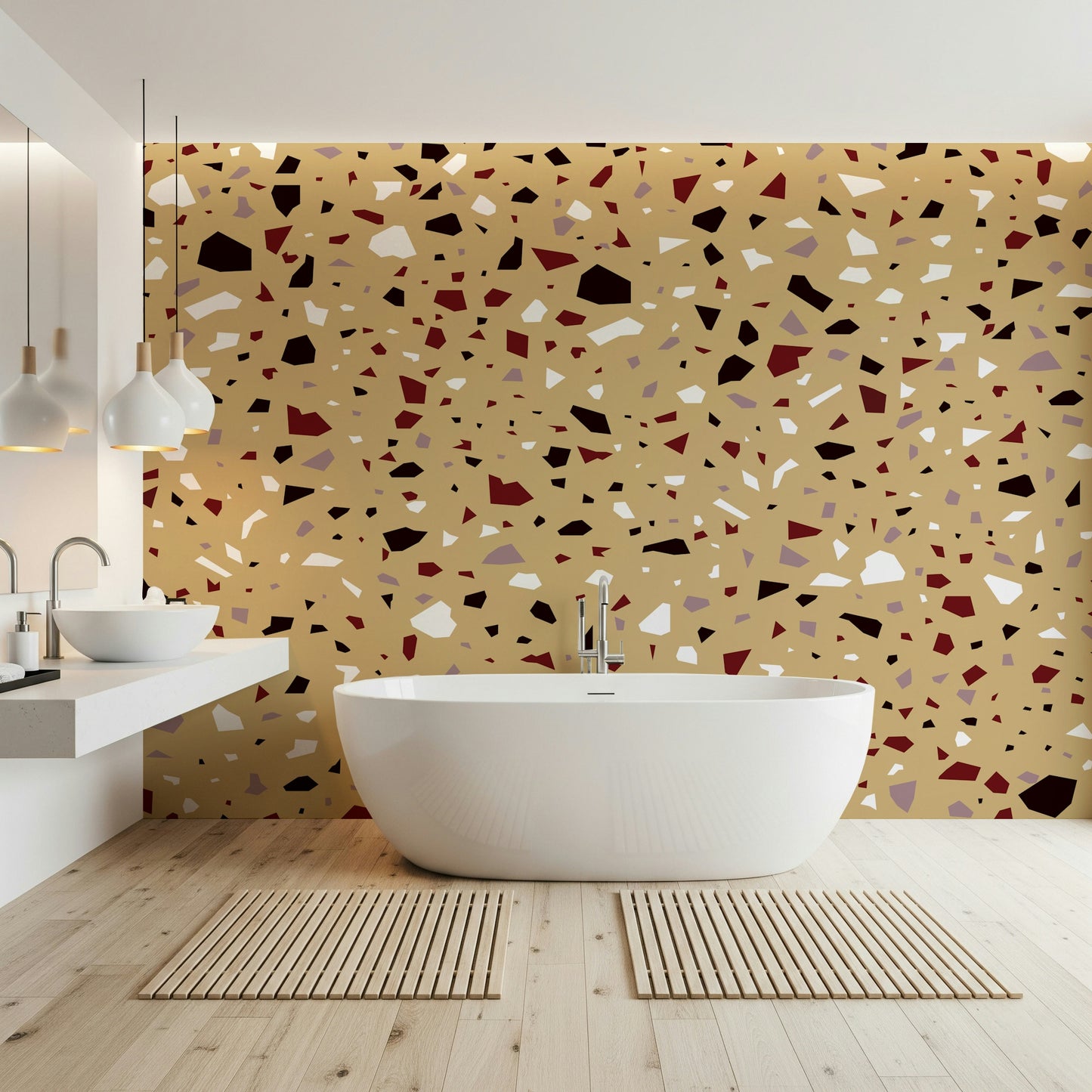 A peaceful modern abstract mural on decorative wallpaper.