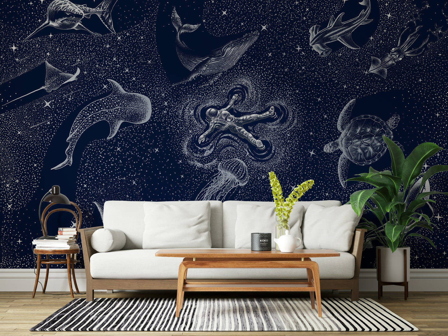 A beautiful wide-angle wall mural of a celestial sea.