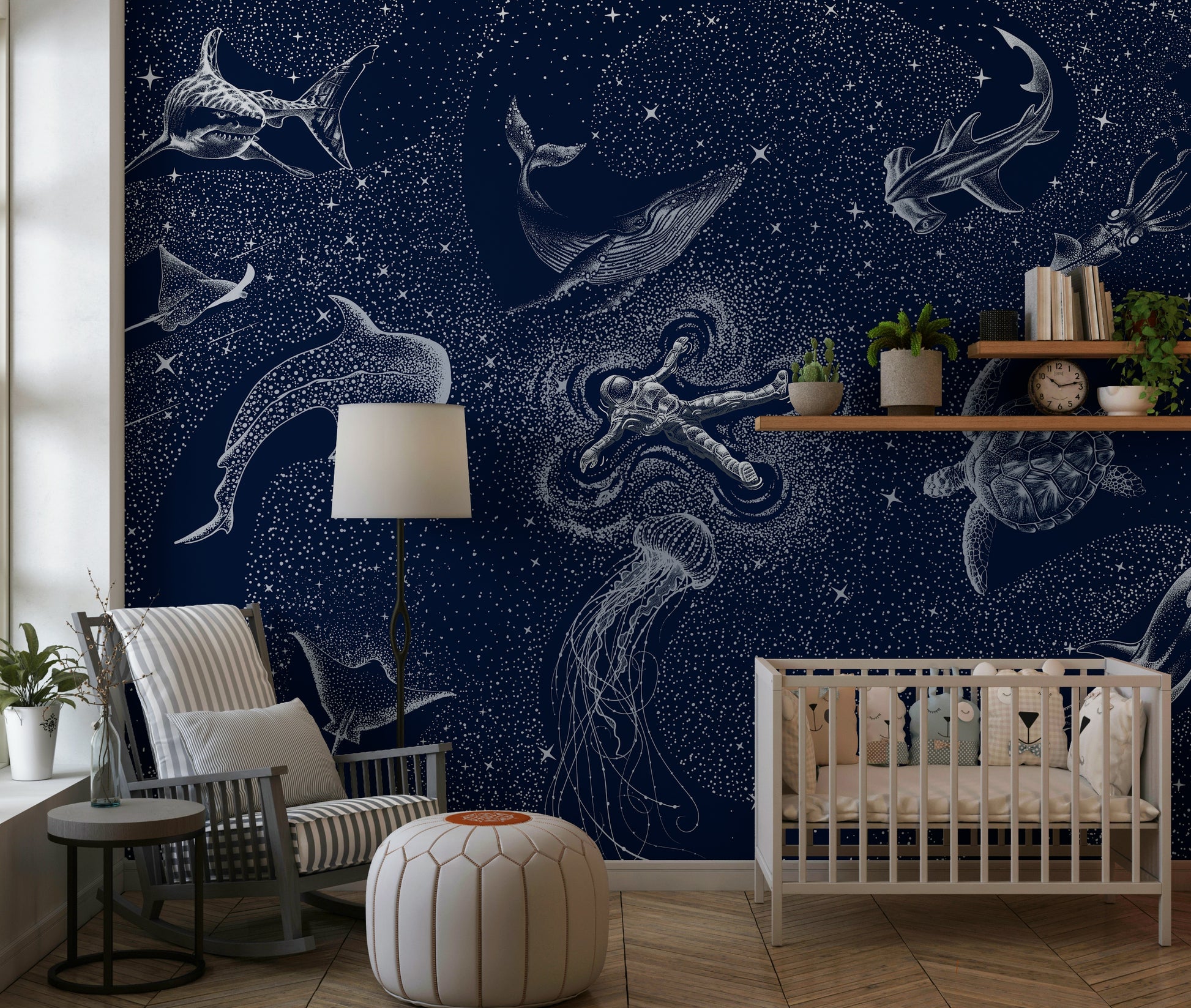 A beautiful cosmic ocean wallpaper mural with stars and galaxies.