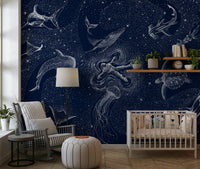 A beautiful cosmic ocean wallpaper mural with stars and galaxies.