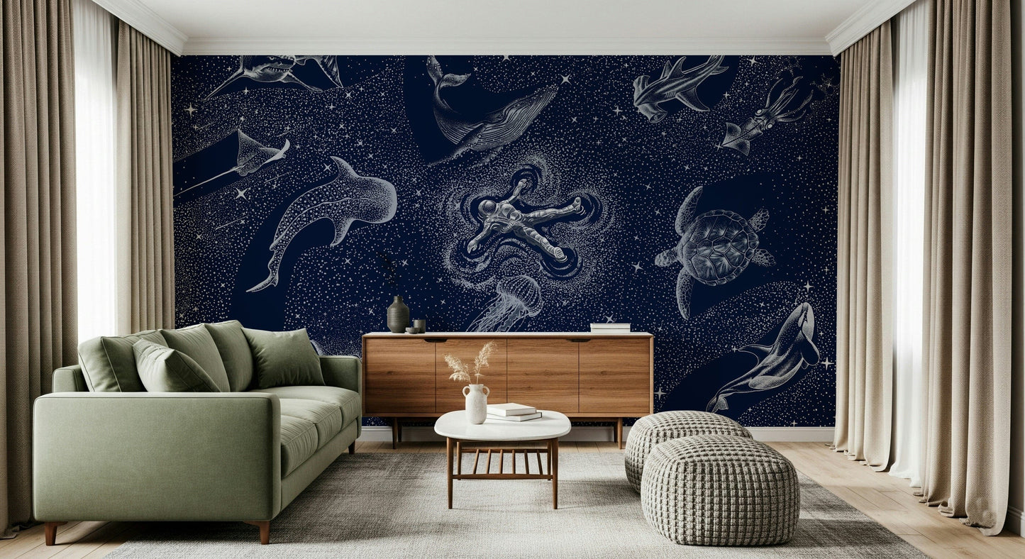 A contemplative starry night wallpaper mural for a feature wall.