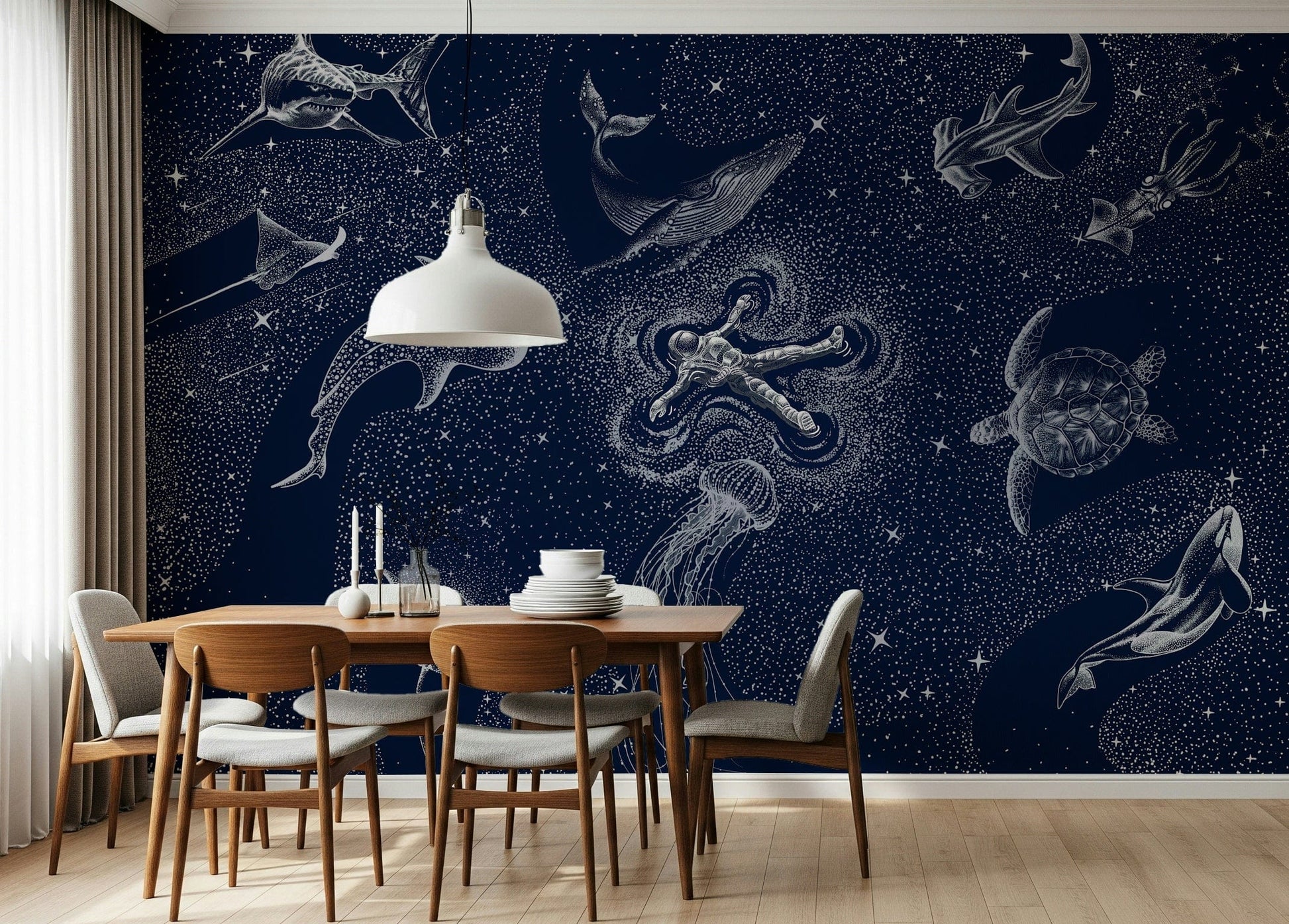 A graceful subtle pattern wall mural in dark, dramatic tones.