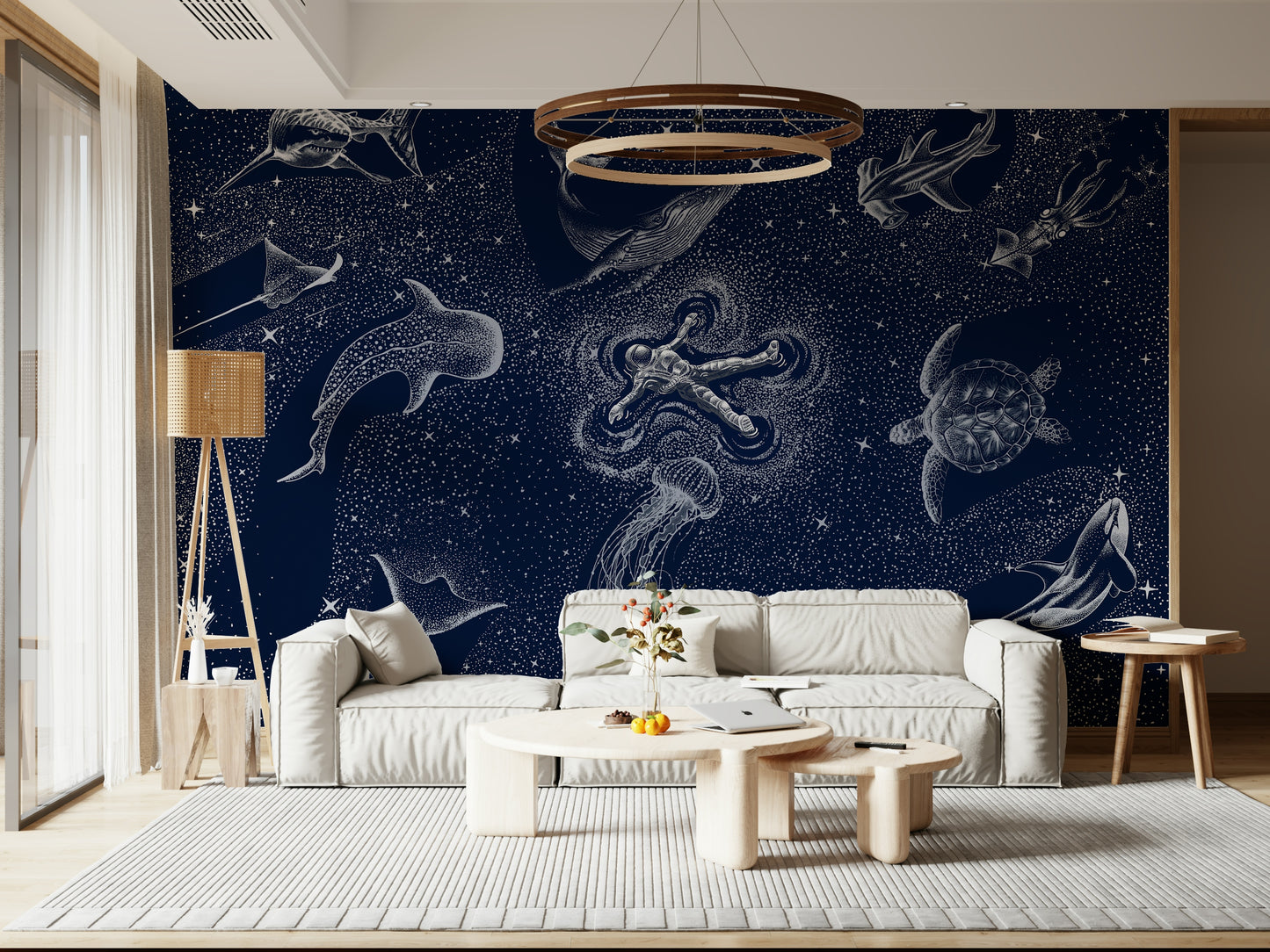 A peaceful open ocean mural on decorative wallpaper.