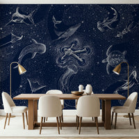 A serene abstract sea wall mural with celestial elements.