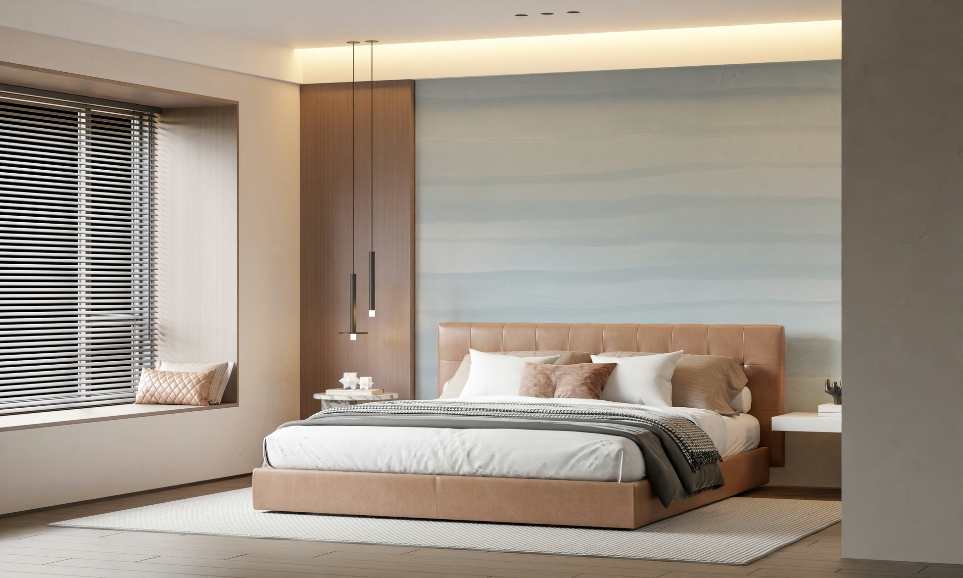 A peaceful modern abstract mural on decorative wallpaper.