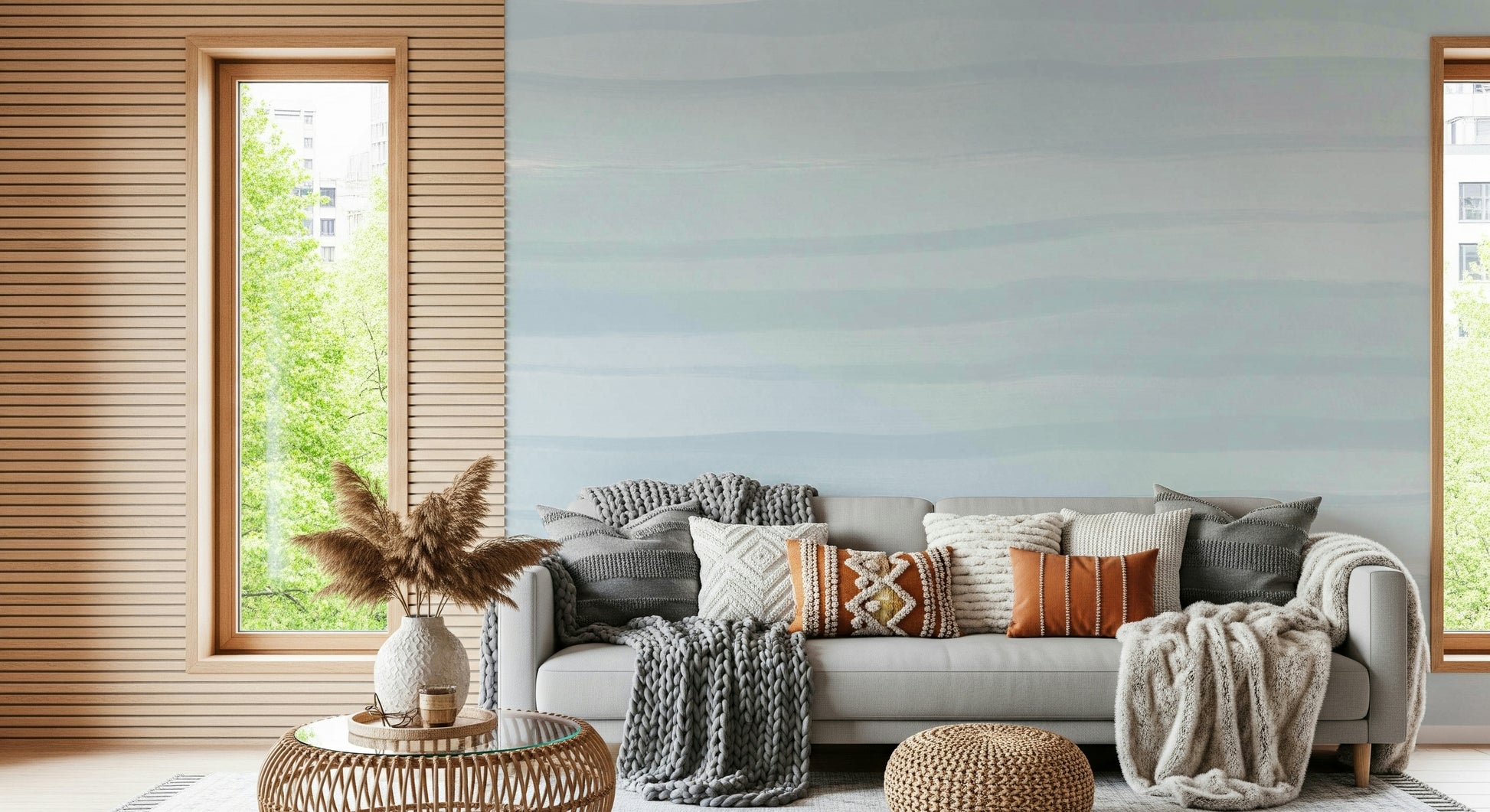 A calming abstract design wallpaper mural that defines a space.