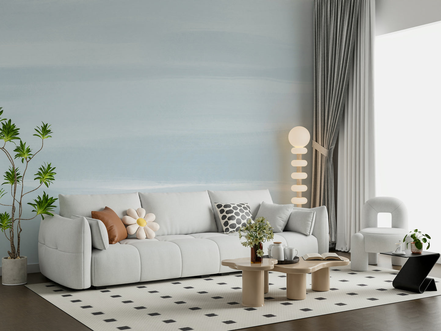 A calming serene sky wallpaper mural that defines a space.