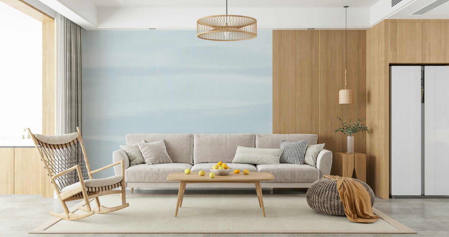 A beautiful serene sky wallpaper mural with soft, subtle clouds.