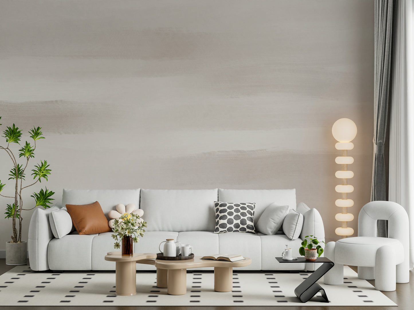 A graceful subtle stroke wall mural in soft, taupe tones.