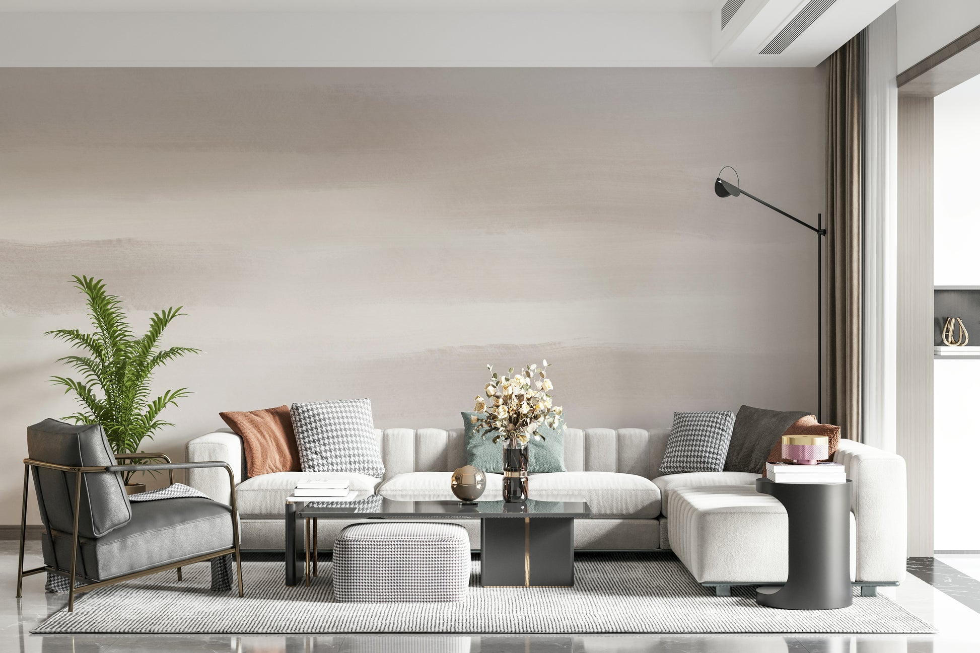 A beautiful soft taupe brushstroke wallpaper mural for a modern home.