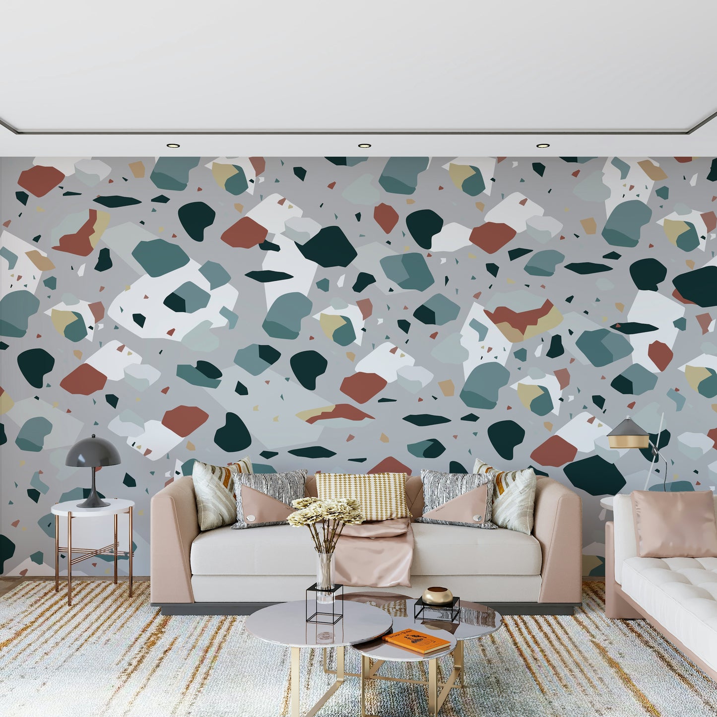 A calming abstract design wallpaper mural that defines a space.