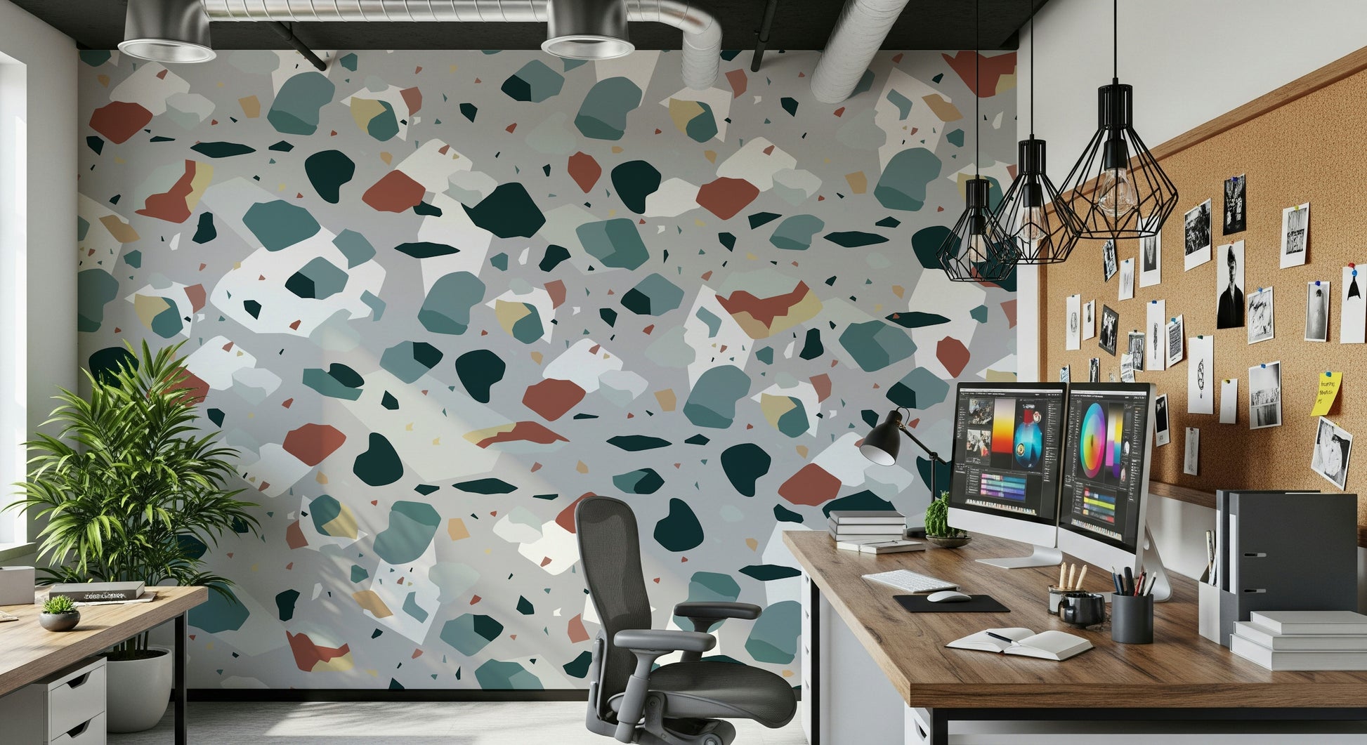 A peaceful geometric abstract mural on decorative wallpaper.