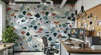 A peaceful geometric abstract mural on decorative wallpaper.
