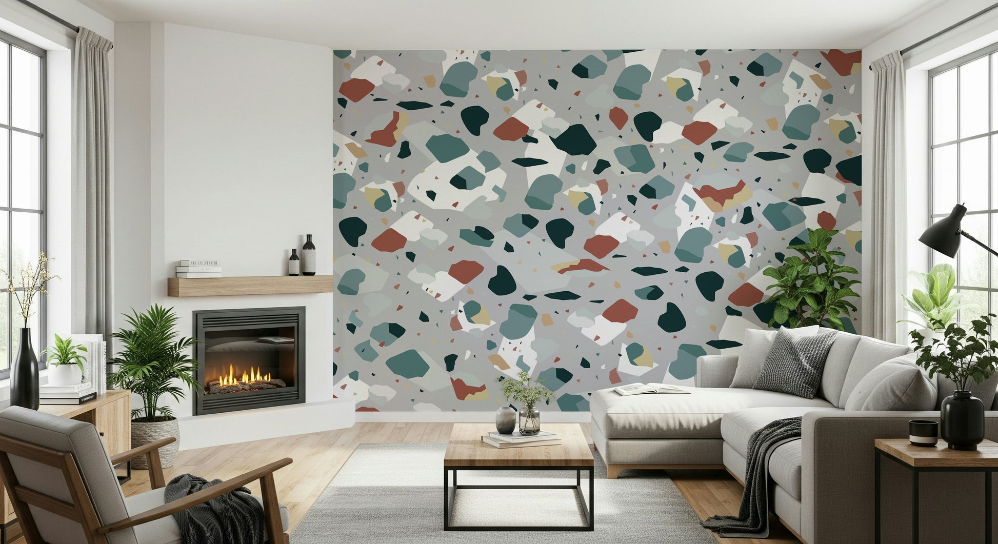 A contemplative geometric design wallpaper mural for a feature wall.