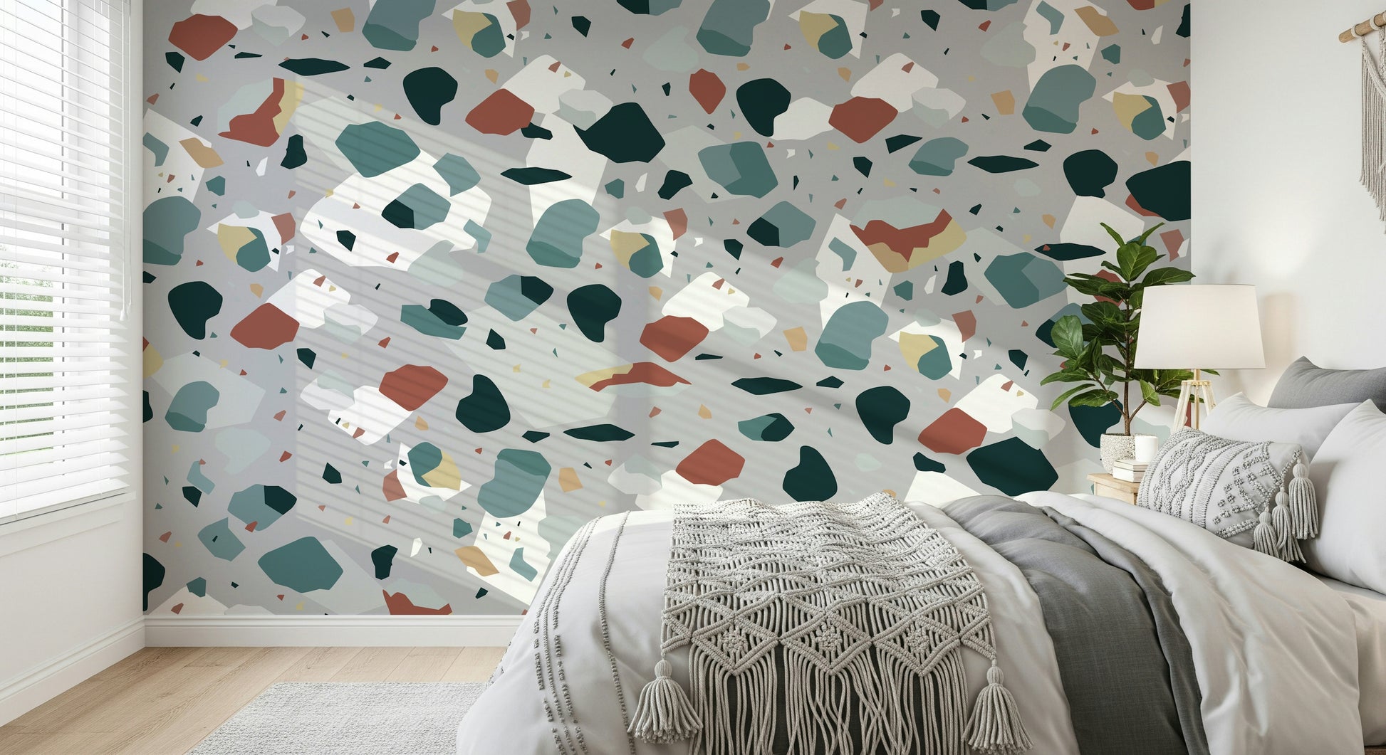A beautiful abstract fragment wallpaper mural with fused geometric shapes.
