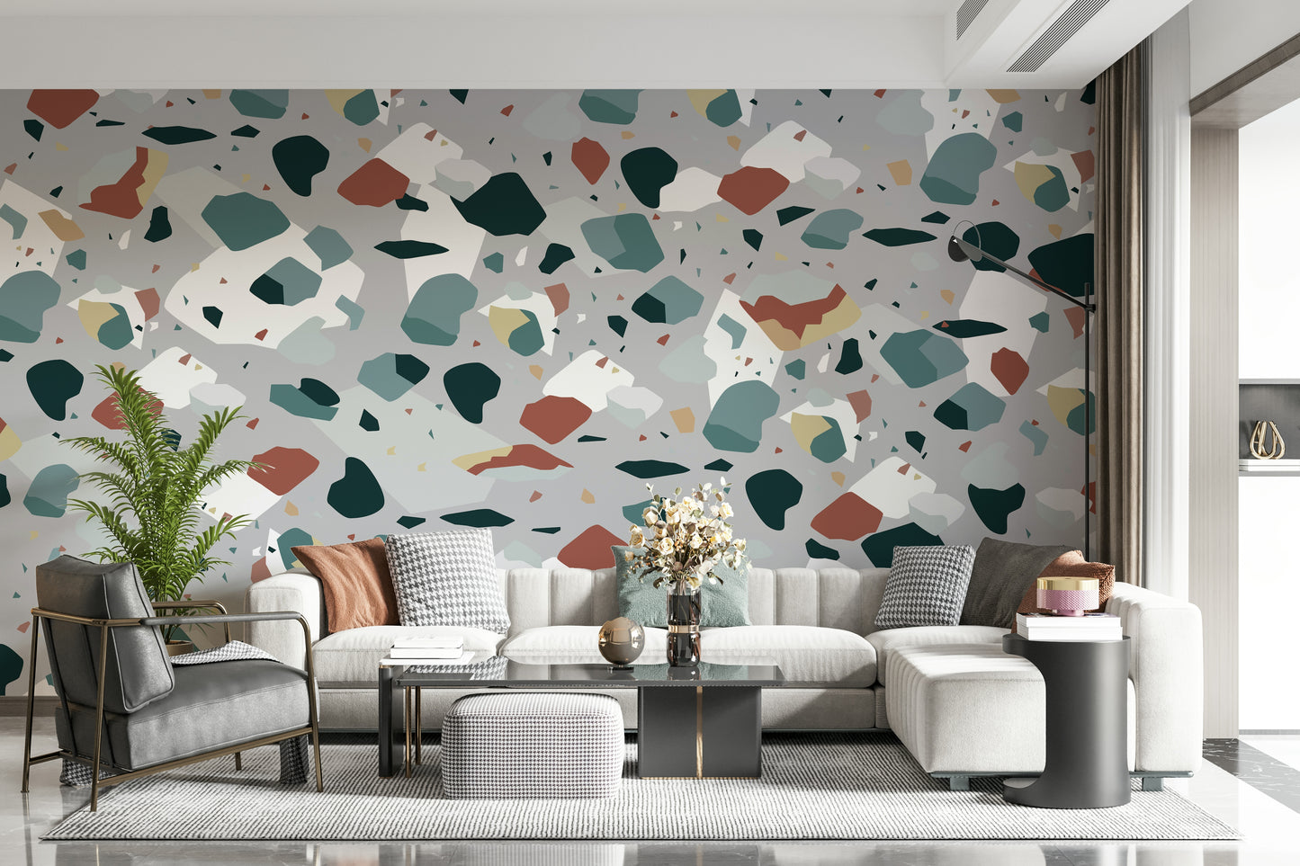 An artistic abstract block mural on minimalist wallpaper.