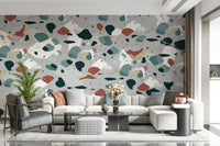 An artistic abstract block mural on minimalist wallpaper.