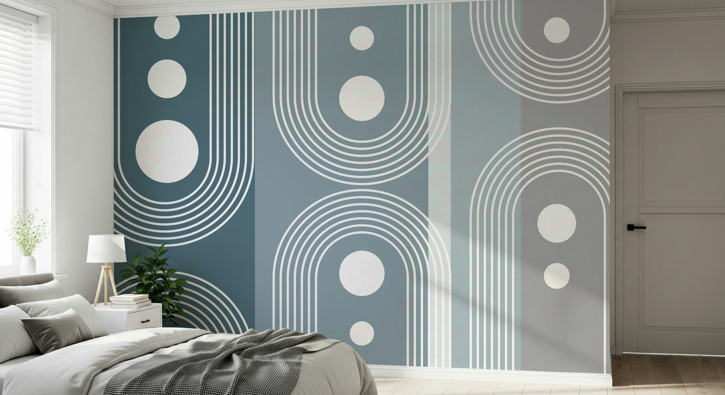 An artistic abstract curve mural on minimalist wallpaper.