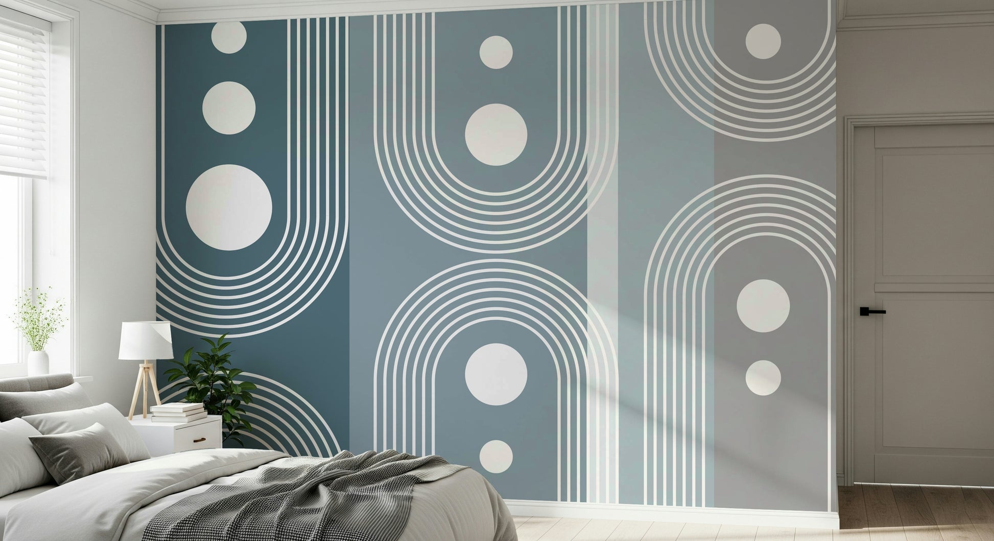 An artistic abstract curve mural on minimalist wallpaper.