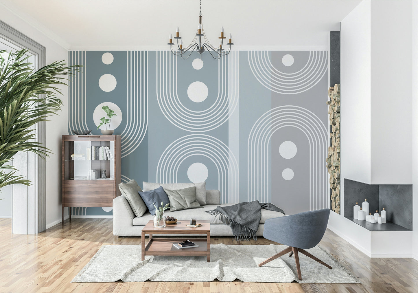 A peaceful modern abstract mural on decorative wallpaper.