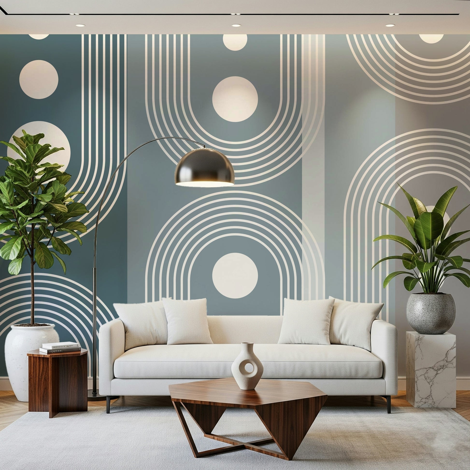 A graceful subtle circle wall mural in cool, tranquil tones.