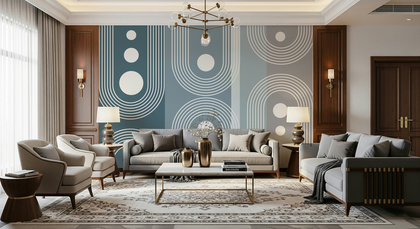 A calming abstract design wallpaper mural that defines a space.