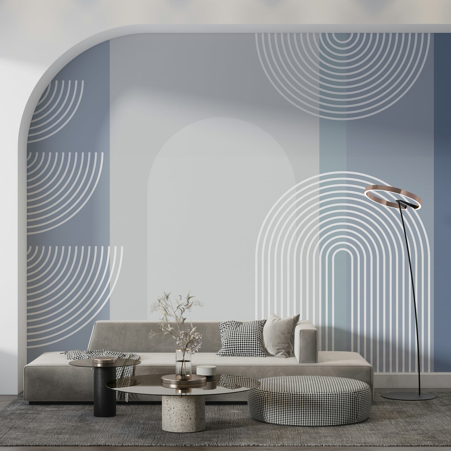 A contemplative geometric design wallpaper mural for a feature wall.