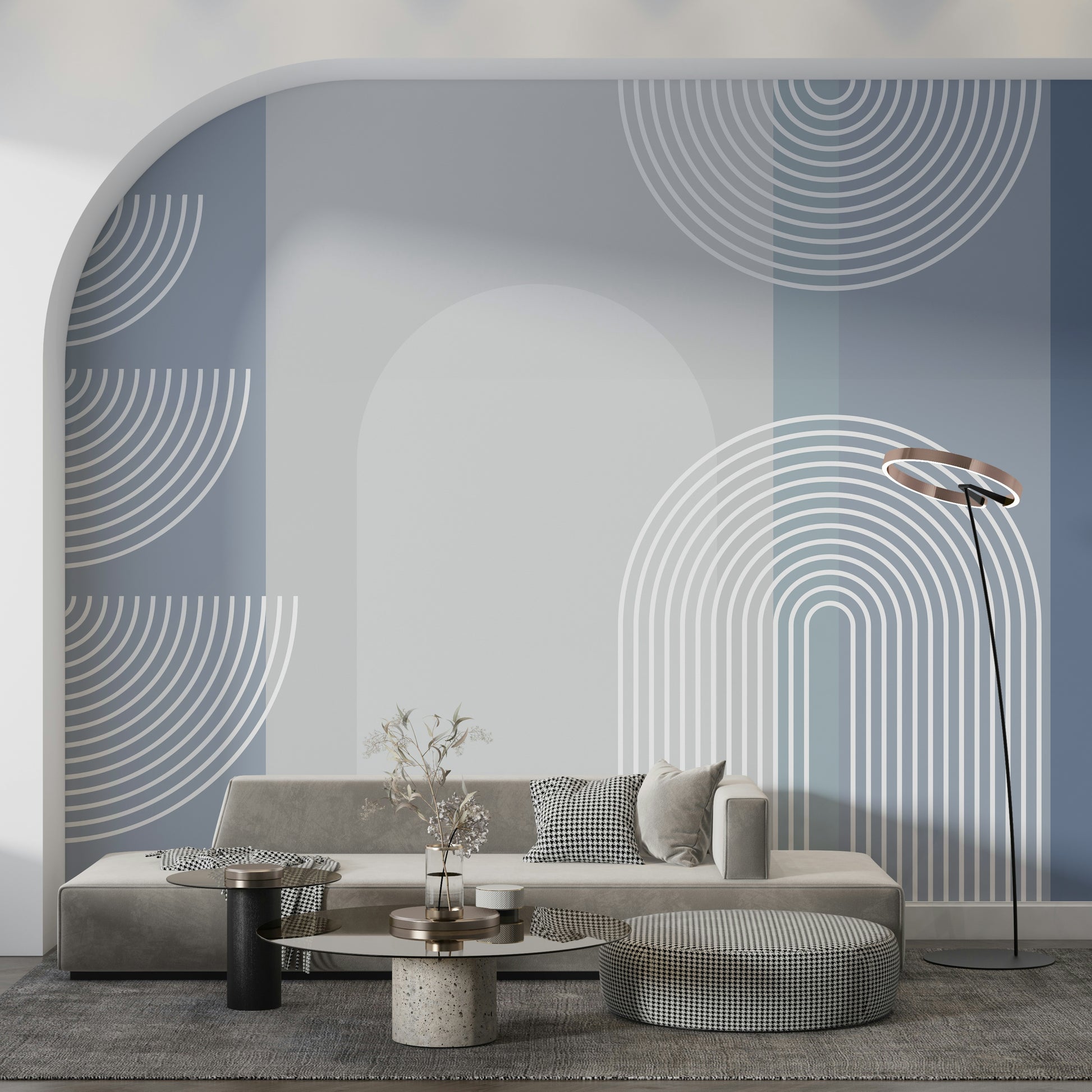 A contemplative geometric design wallpaper mural for a feature wall.