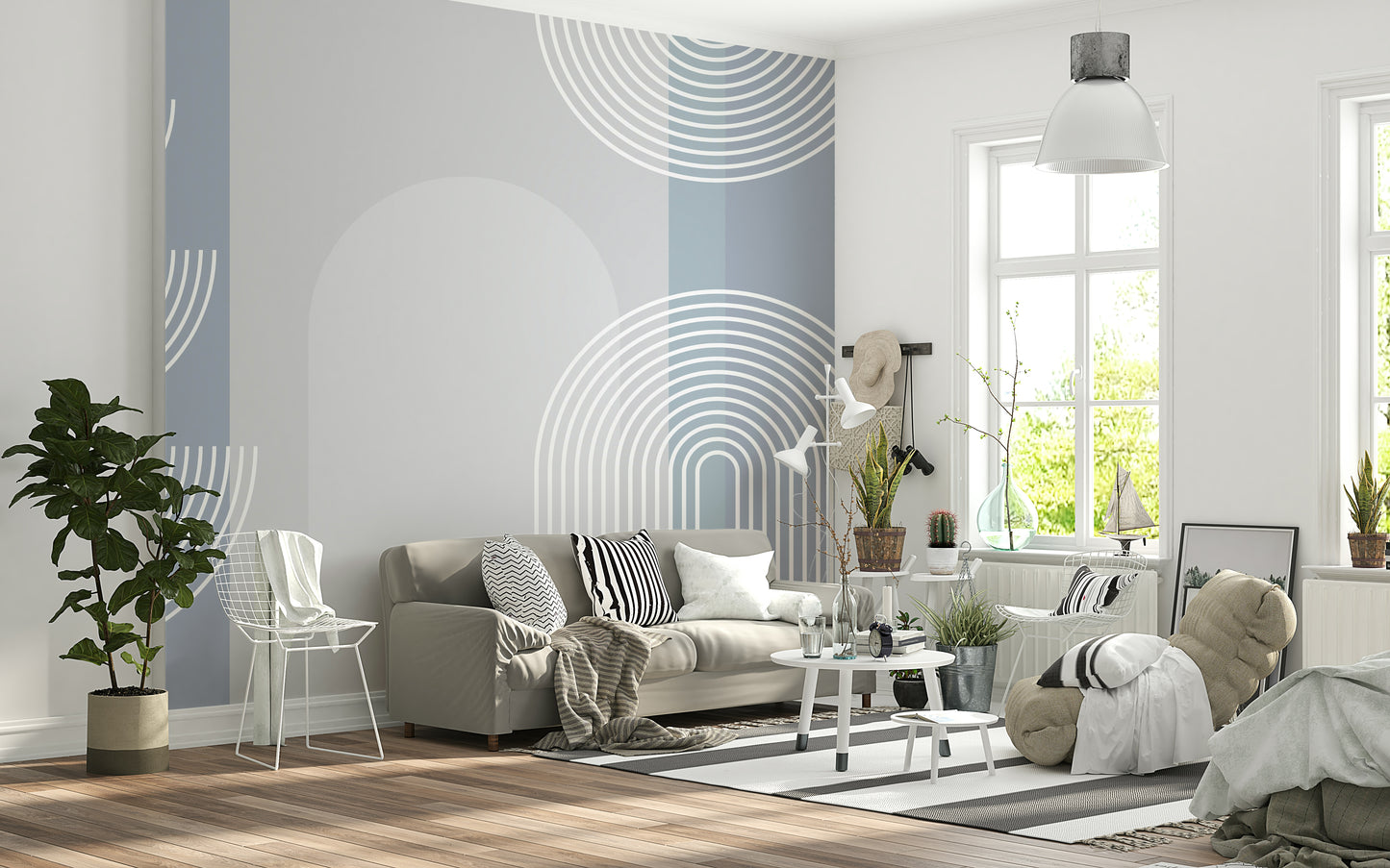 A calming abstract design wallpaper mural that defines a space.