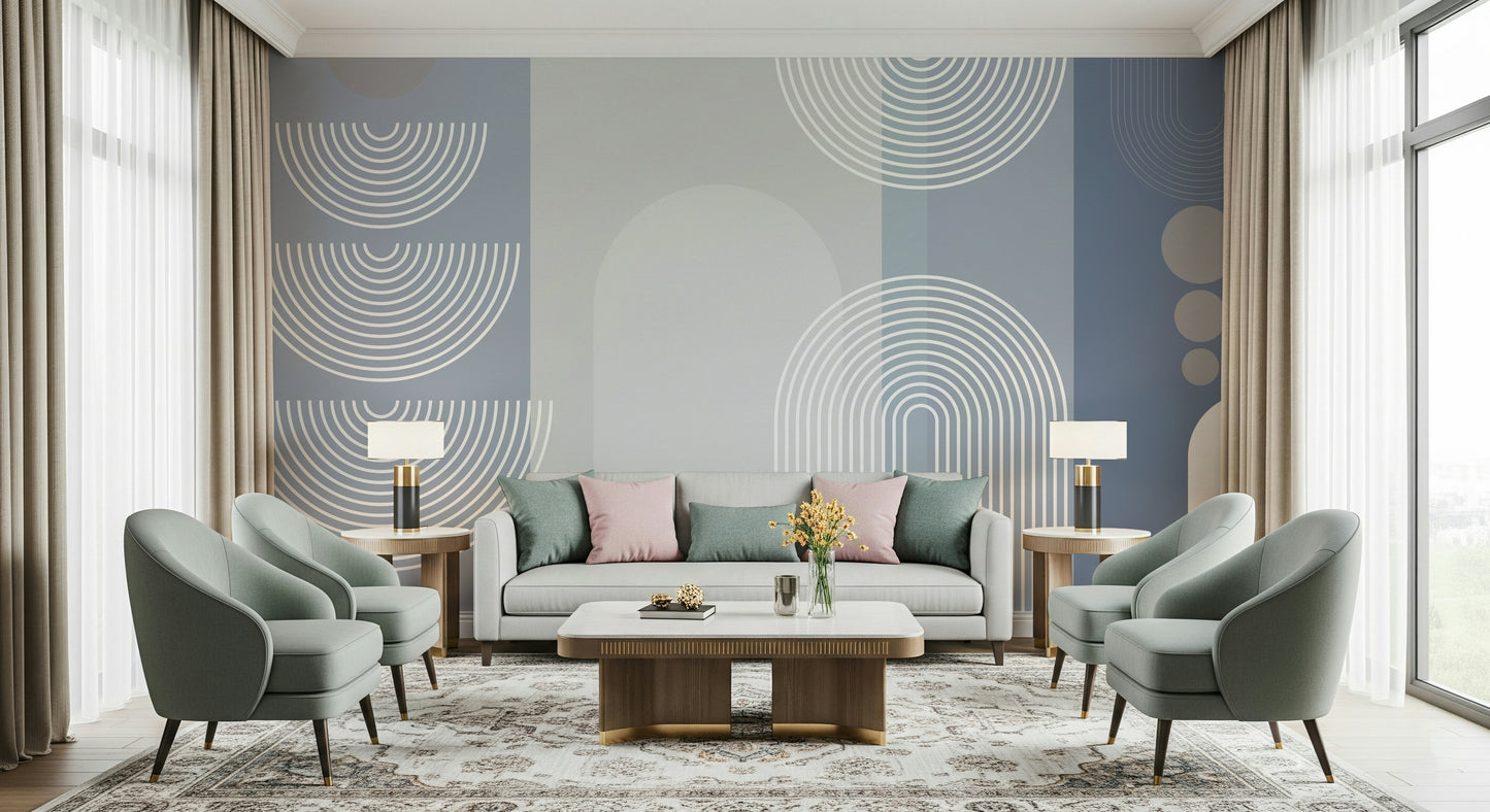 An artistic abstract shape mural on minimalist wallpaper.