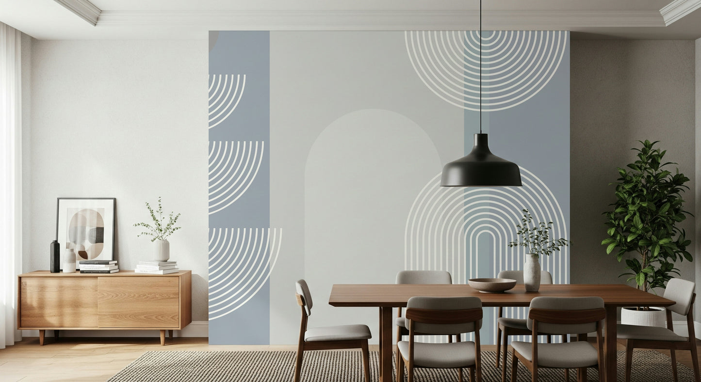 A peaceful geometric abstract mural on decorative wallpaper.