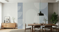 A peaceful geometric abstract mural on decorative wallpaper.