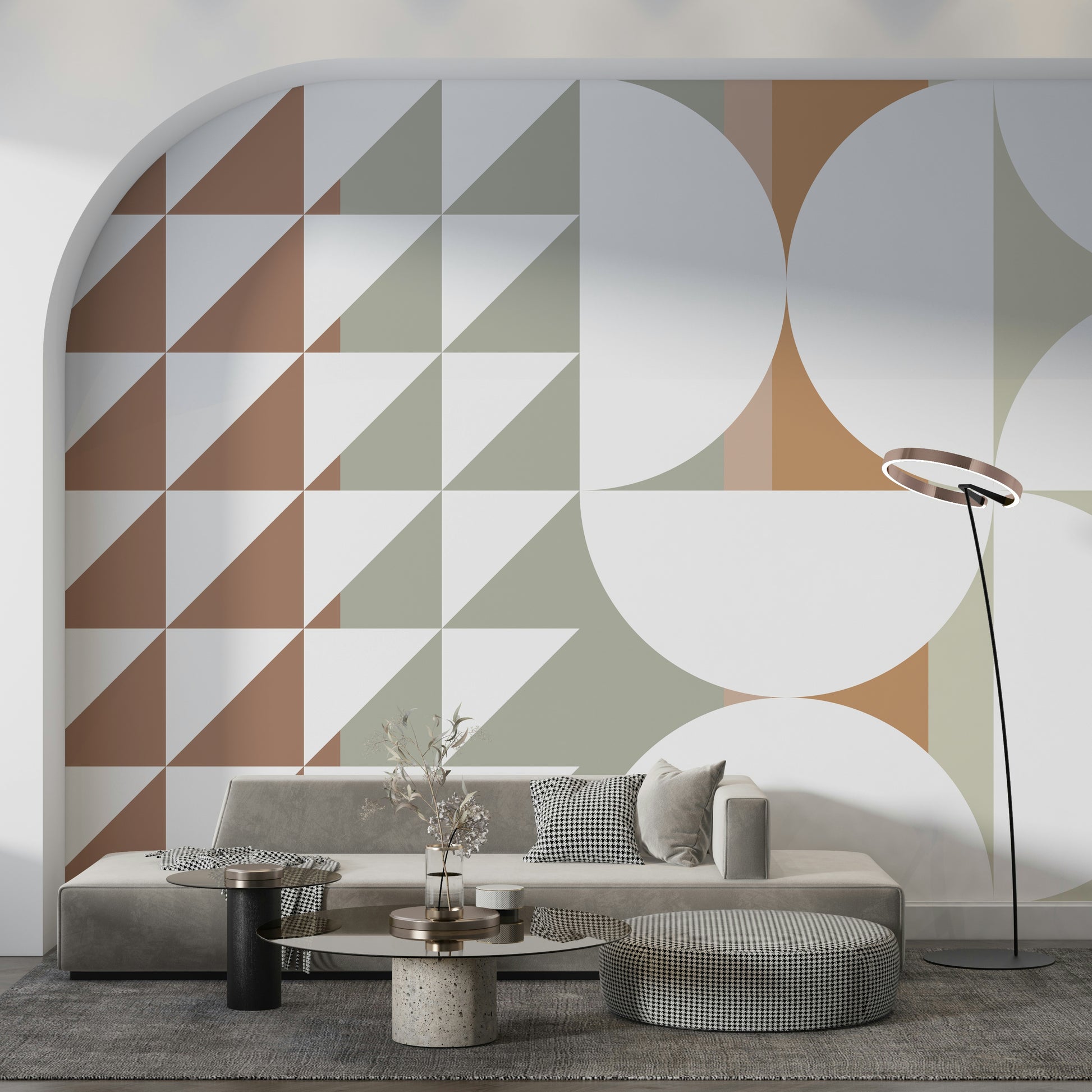A contemplative geometric design wallpaper mural for a feature wall.