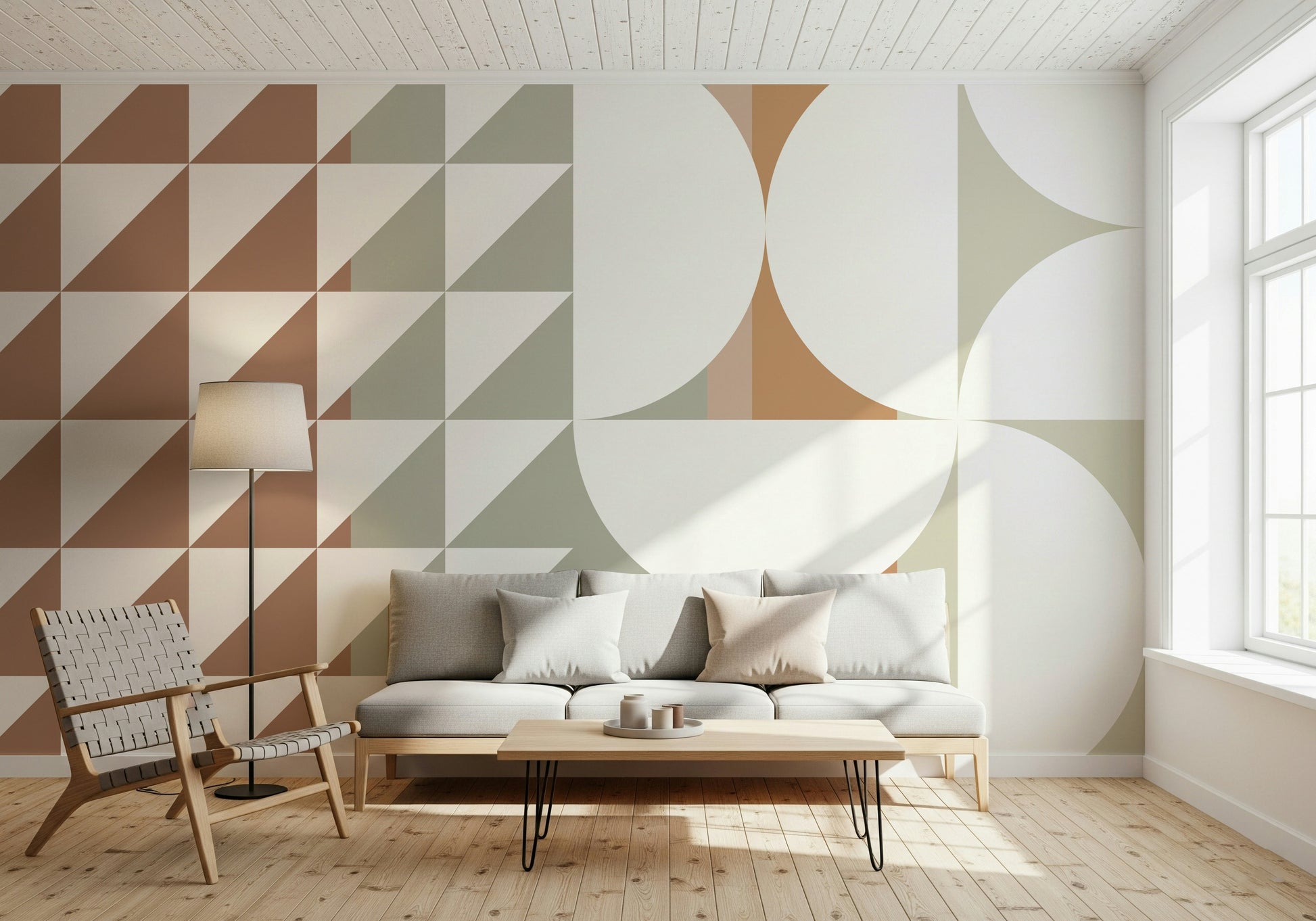 A peaceful retro abstract mural on decorative wallpaper.