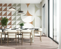 An artistic mid-century design mural on minimalist wallpaper.