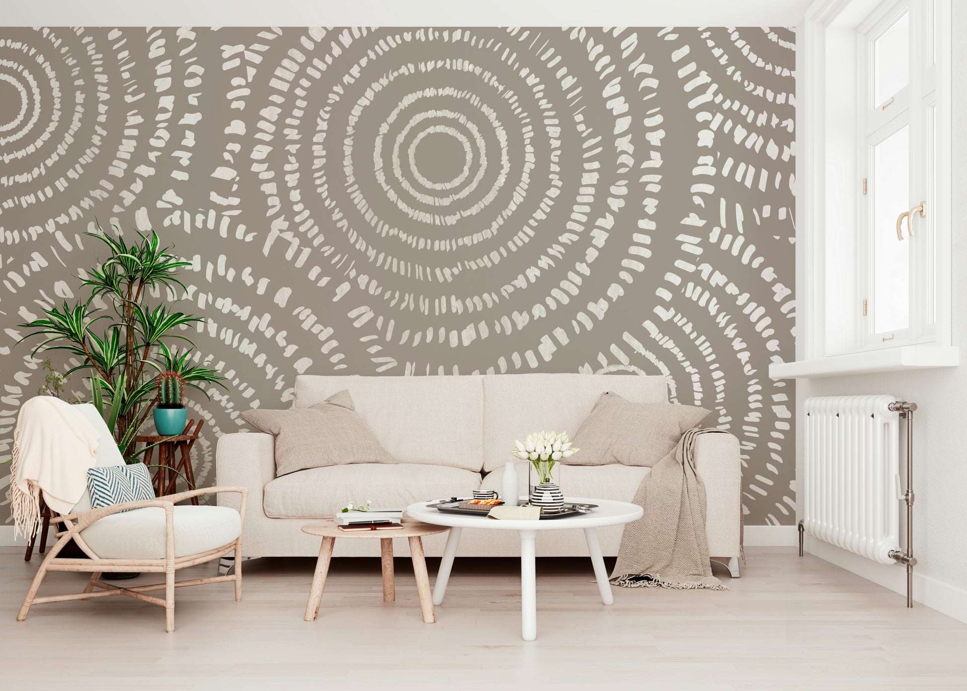 A contemplative geometric design wallpaper mural for a feature wall.