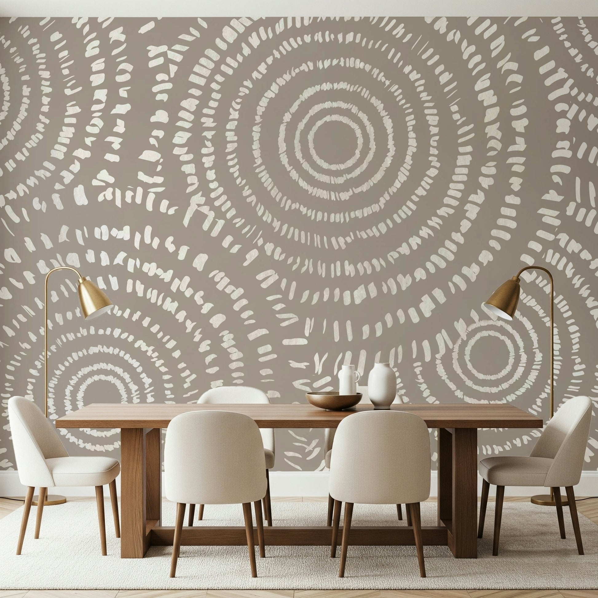 An artistic abstract circle mural on minimalist wallpaper.
