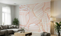 An artistic abstract shape mural on elegant wallpaper.