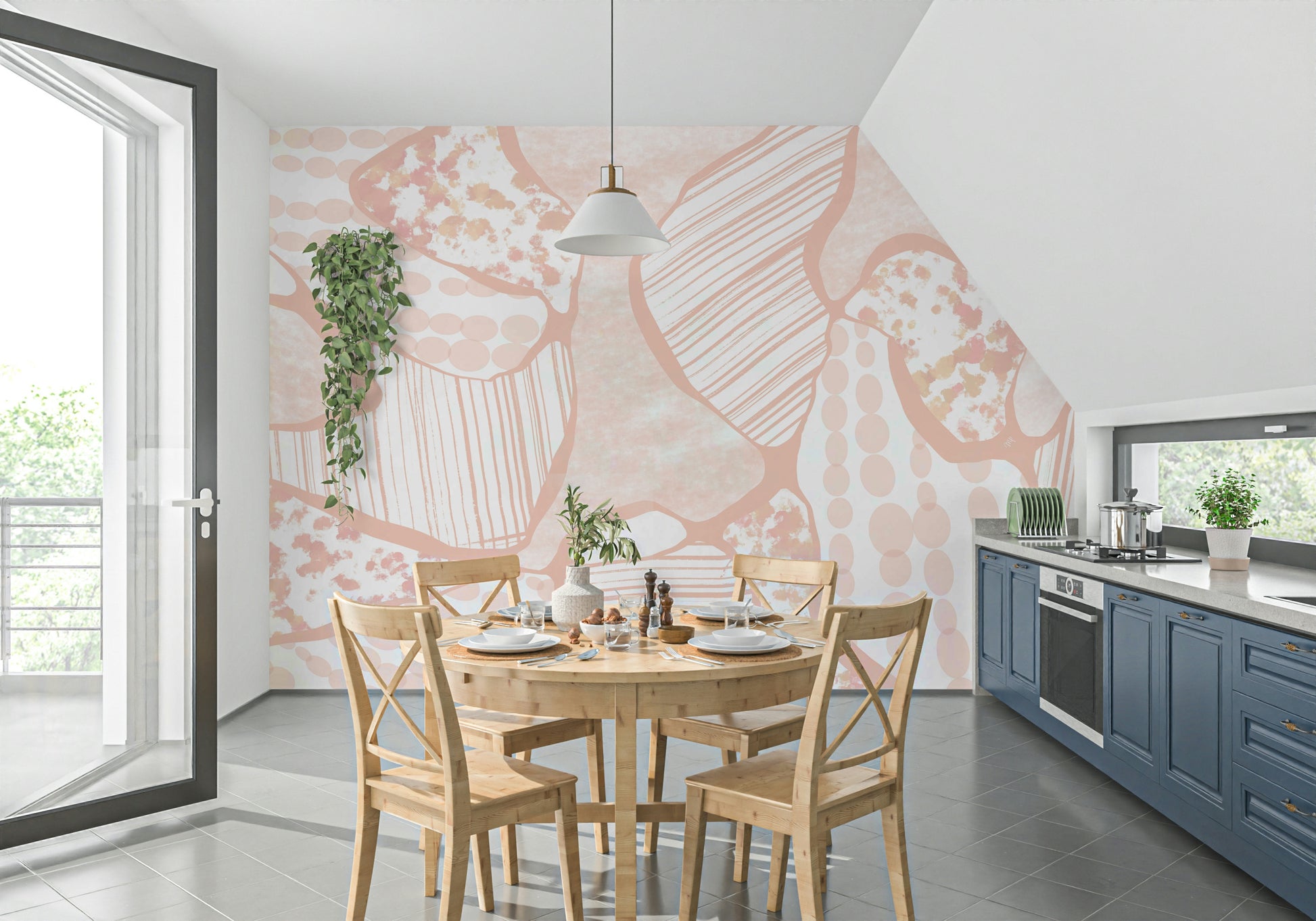 A peaceful geometric abstract mural on decorative wallpaper.