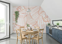 A peaceful geometric abstract mural on decorative wallpaper.