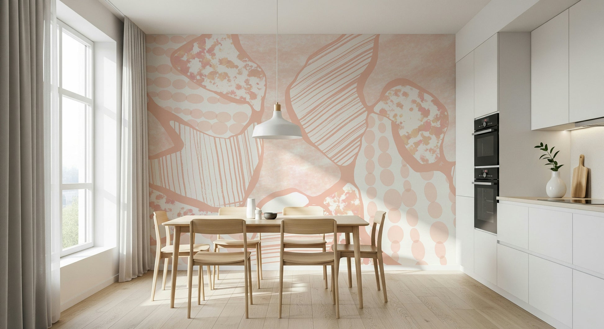 A calming abstract design wallpaper mural that defines a space.