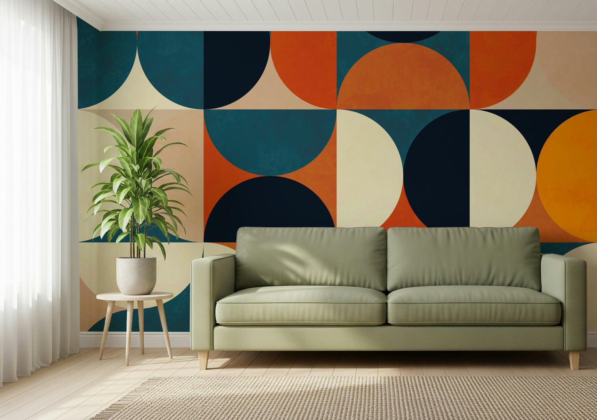 A graceful subtle circle wall mural in cool, bold tones.