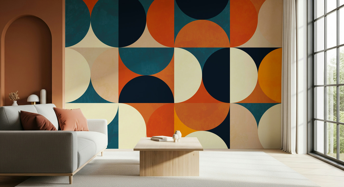 A beautiful retro circle wallpaper mural with geometric shapes.