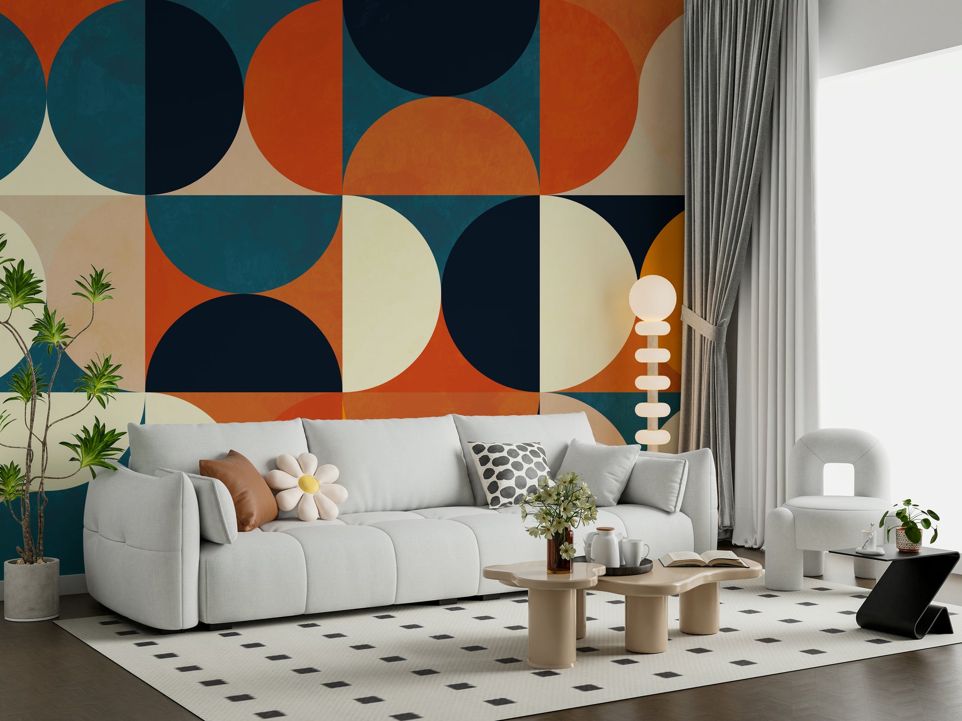 A peaceful retro abstract mural on decorative wallpaper.
